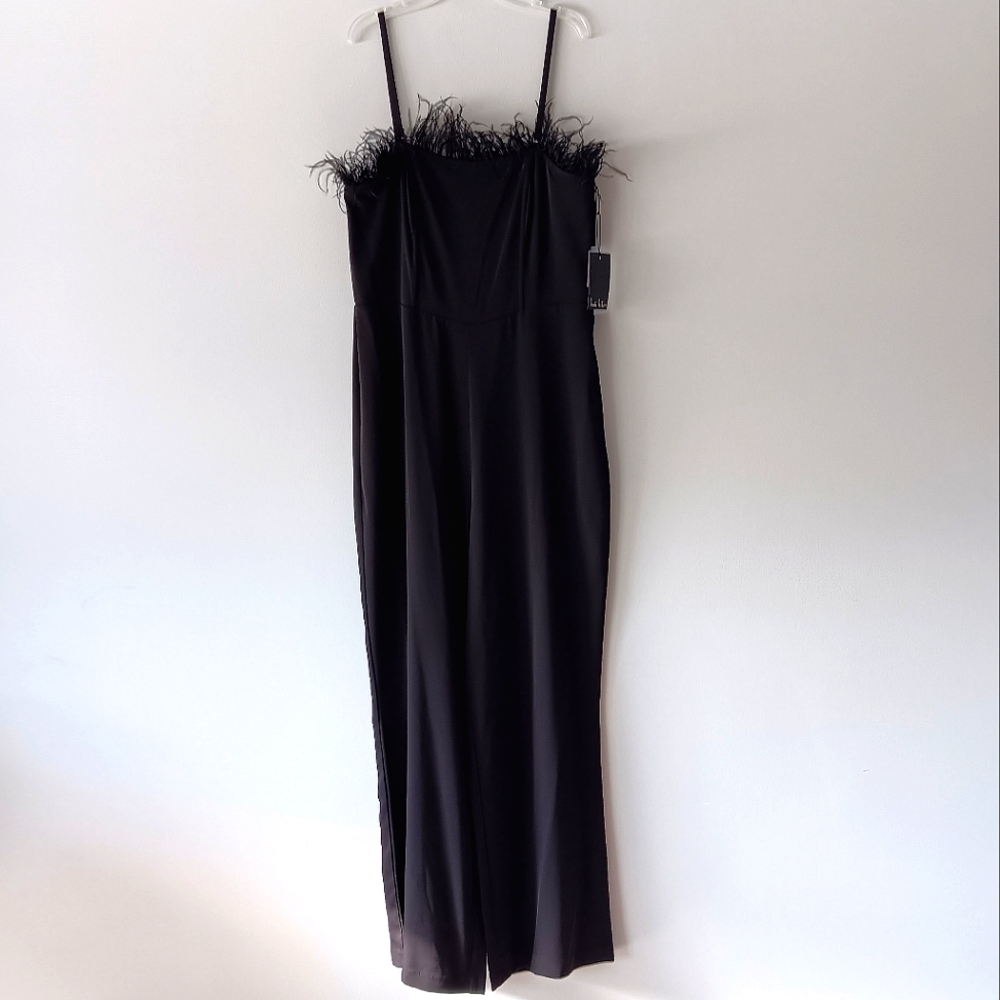 NEW Nicole Miller Jumpsuit Wide Leg Spaghetti Strap Fringe Very Black Size 12